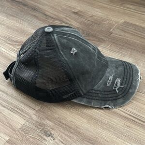 C.C Exclusive Charcoal Gray NLACK Acid Wash Distressed PonyTail Trucker Hat OS